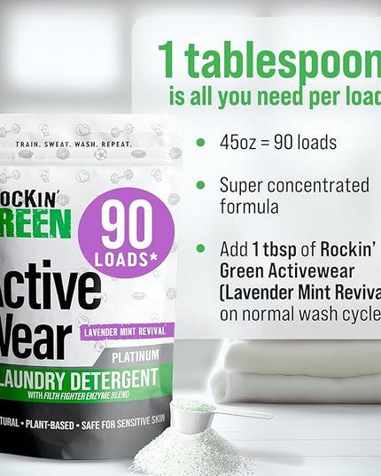 Rockin' Green Laundry Detergent, Plant based, All Natural Laundry Detergent Powder, Vegan and Biodegradable Odor Fighter, Safe for Sensitive Skin (Active Wear 90 Loads - Lavender Mint)