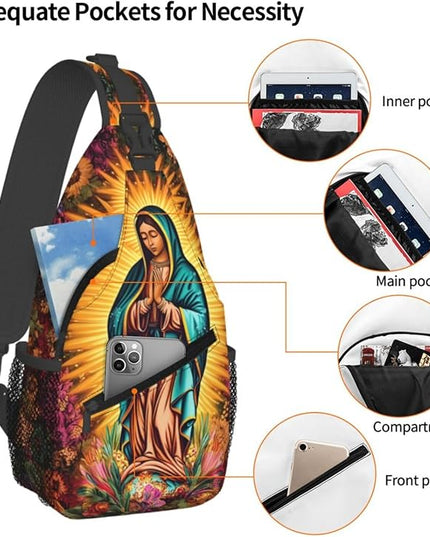 Our Lady of Guadalupe Sling Bag Crossbody Bags Clovers Chest Bag for Travel Hiking for Men Women Flower Mary 1