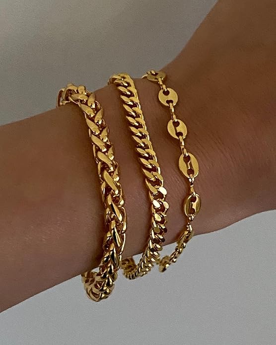 Waterproof Gold Chain Bracelet For Women Non Tarnish,14K Gold Plated Link Dainty Bracelets Stake Layered Bracelet Set Hypoallergen Gold Jewelry