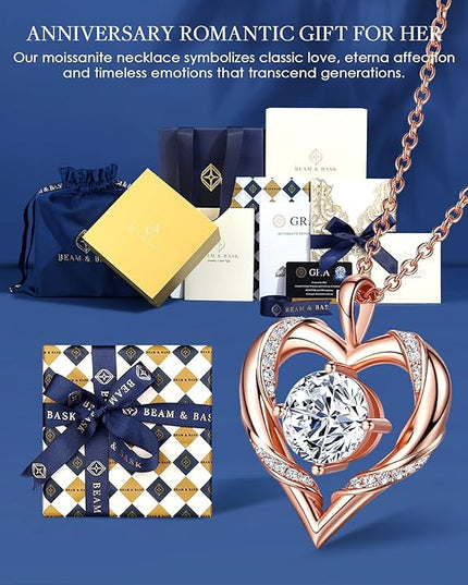 Beam & Bask 2-3 Ct Moissanite Heart Necklaces for Women, 18K Gold Plated Romantic Pendant for Anniversary Birthday, 925 Sterling Silver Jewelry for Wife Girlfriend Mom Her