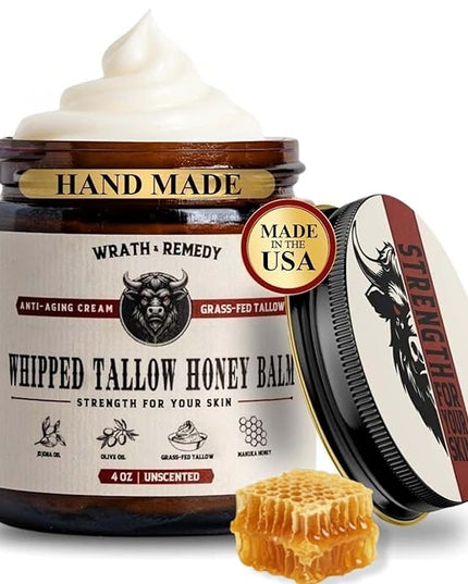 Organic Beef Tallow for Skin - 4 OZ (Unscented) — Grass Fed Beef Tallow for face + Body — US-Made Whipped Tallow and Honey Balm Moisturizer for Dry and Sensitive Skin, Eczema, Rosacea (No Additives)