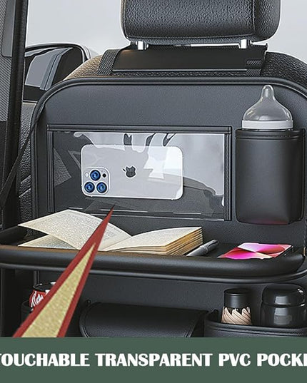 2 Pack Leather Car Backseat Organizer with Foldable Table Tray, Car Storage Organizer with Tablet Holder, Car Seat Back Protectors Kick MatsTravel Accessories