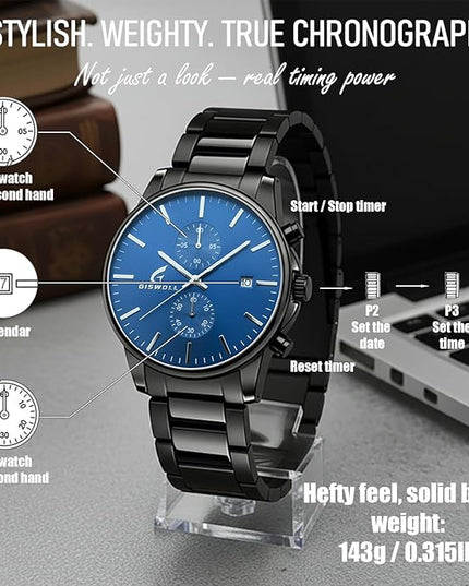 Stylish Stainless Steel Chronograph Watches for Men with a Hefty, Solid-Build Feel — Waterproof Quartz Mens Watches with Auto Date & Second Subdials, Valentines Day Gifts for Him, Boyfriend, Husband, Dad