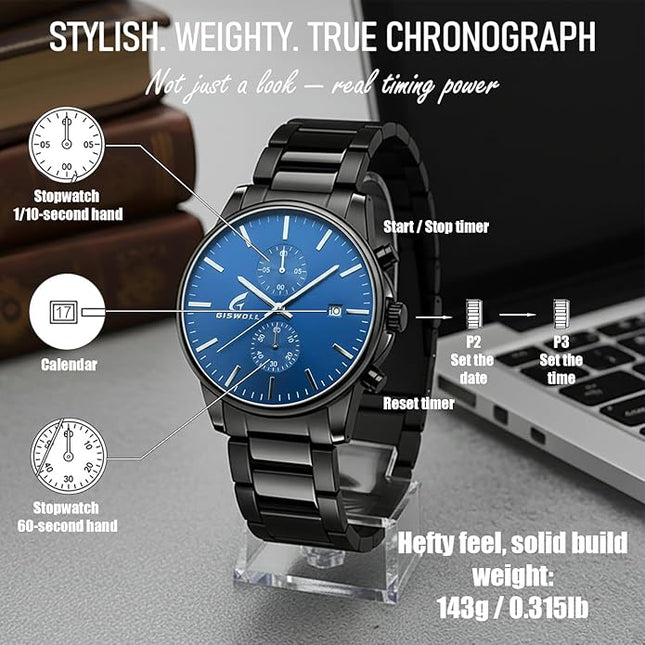 Stylish Stainless Steel Chronograph Watches for Men with a Hefty, Solid-Build Feel — Waterproof Quartz Mens Watches with Auto Date & Second Subdials, Valentines Day Gifts for Him, Boyfriend, Husband, Dad