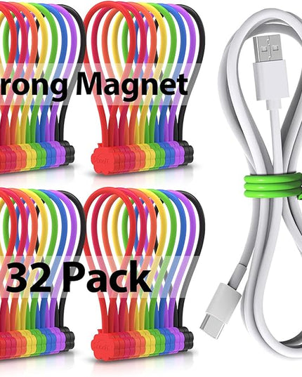 SOOOEC Snap On Magnetic Cable Ties, 32 Pack 7.2" Magnetic Cord Organizer Cute Cloud Design, Silicone Twist Ties with Strong Magnet for Bundling and Cable Management, Fridge Magnets, Assorted Colors.