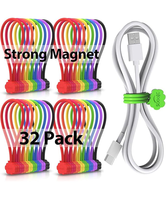 SOOOEC Snap On Magnetic Cable Ties, 32 Pack 7.2" Magnetic Cord Organizer Cute Cloud Design, Silicone Twist Ties with Strong Magnet for Bundling and Cable Management, Fridge Magnets, Assorted Colors.