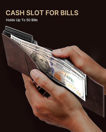 typecase Mens Wallet Card Holder: Pop Up Aluminum Case, Genuine Leather, Smart, RFID Blocking, Slim, Minimalist, Front Pocket - 9-14 Card Capacity | ID Window | Cash Slot - Oil Wax Brown