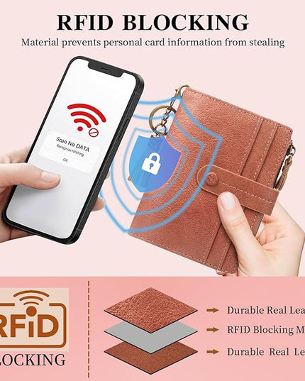 Blucoay Leather Wallet Women,RFID Blocking Small Wallets for Women Bifold Compact Card Holder With Zipper Coin Pocket ID Window Pink