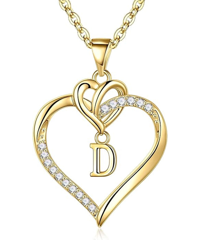 STORUP Christmas Gifts for Women Teen Girls - Heart Initial Necklaces for Women Girls, 14K-Gold-Plated Cubic Zirconia Initial A-Z Pendant Dainty Heart Necklaces for Teen Girl Jewelry Birthday Gifts