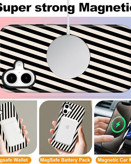 Magnetic for iPhone 16 Case Cute Diagonal Stripes Phone Case, Shockproof Slim TPU and Hard PC Protective Phone Cover Compatible with MagSafe Designed for Women Girls,Black and White