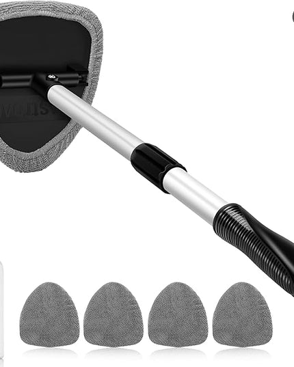 AstroAI Windshield Cleaner Tool, Car Interior Window Detailing Cleaning Kit with Extendable Handle and 4 Easy-to-Install Reusable Microfiber Pads, Auto Glass Wiper Brush Kit for Car&Home, Gray, 21in