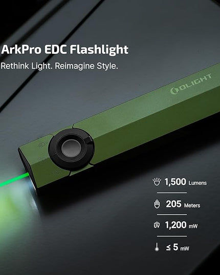 OLIGHT ArkPro EDC Flat Flashlight Rechargeable with Green Beam, UV and White LED,1500 Lumens USB-C Pocket Camping Flashlight, Spotlight Floodlight for Outdoor Emergency Working (OD Green CW)