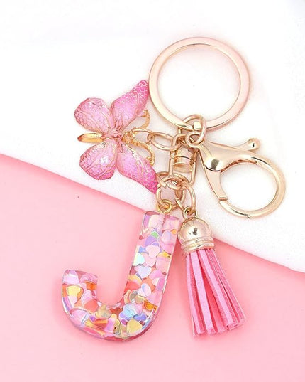Fashion Alphabet Initial Letter Keychain Tassel Butterfly Pendant Key Ring for Purse Handbags Women Girl