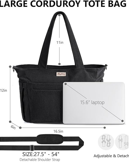 Corduroy Tote Bag for Women, 17 Pockets Laptop Work Tote Bag Lightweight Teacher Nurse Bible Bag for School Travel | with 40oz Cup Holder, Multi Compartment, Zipper Crossbody Bag, College Shoulder Bag, Daily Purse w/ Strap, Ideal Gift for Women