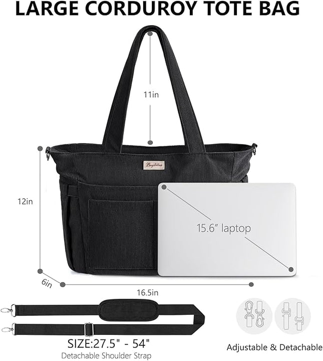 Corduroy Tote Bag for Women, 17 Pockets Laptop Work Tote Bag Lightweight Teacher Nurse Bible Bag for School Travel | with 40oz Cup Holder, Multi Compartment, Zipper Crossbody Bag, College Shoulder Bag, Daily Purse w/ Strap, Ideal Gift for Women