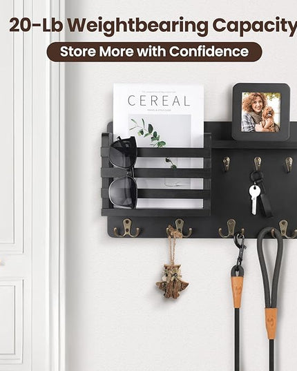 Nekon Mail Holder for Wall Mail Organizer with Key Hooks Hallway Farmhouse Decor Storage Racks with Floating Shelf and Flush Mount Hardware (16.8Inch x 10Inch x 3.2Inch)