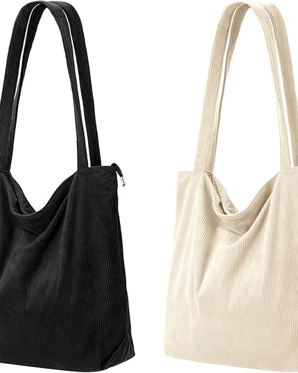 Iioscre Corduroy Tote Bag for Women,Hobo HandBags with Zipper,Large Capacity Casual Shoulder Handbags with Inner Pockets