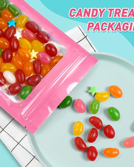 Funfery 300 Pack Smell Proof Resealable Bags for Food Storage,Holographic Bags 4x6 Pink Mylar Clear Packaging Bag- Scent Proof for Cookies, Zip Foil Pouch for Small Business