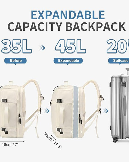 35L Travel Backpack 17" Laptop Backpack W/USB-C Port, Expandable Carry-On Bag, TSA Flight Approved Water-Resistant for Business College, White