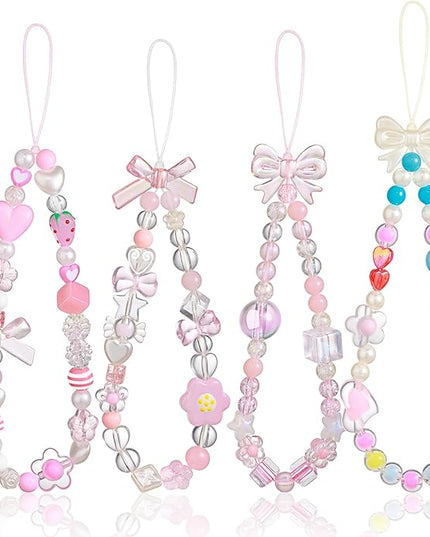 Draupnir 4pcs Phone Charms Strap, Butterfly Bow Camera Strap Wrist Beaded Phone Bracelet Wrist Straps, Pearl Bracelet Lanyard Keychain Charm for Women