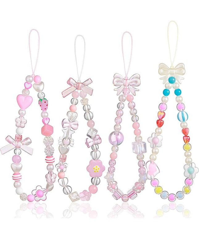 Draupnir 4pcs Phone Charms Strap, Butterfly Bow Camera Strap Wrist Beaded Phone Bracelet Wrist Straps, Pearl Bracelet Lanyard Keychain Charm for Women