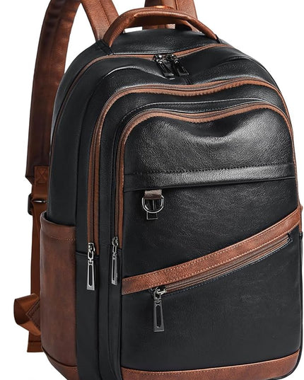 43L Backpack for Women Men - Vegan Leather Backpack Purse Travel Carry-on Bag College Bookbag Work fits 17" Laptop,Black&Brown