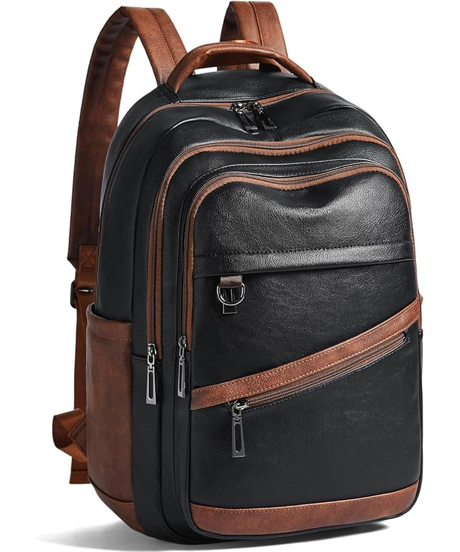 43L Backpack for Women Men - Vegan Leather Backpack Purse Travel Carry-on Bag College Bookbag Work fits 17" Laptop,Black&Brown