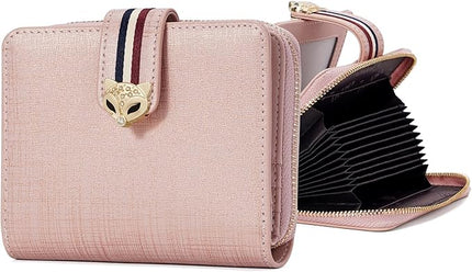 FOXLOVER Genuine Leather Zip Small Wallet Women RFID Blocking Credit Card Bifold Wallet Business Card Holder with ID Window(Pink)