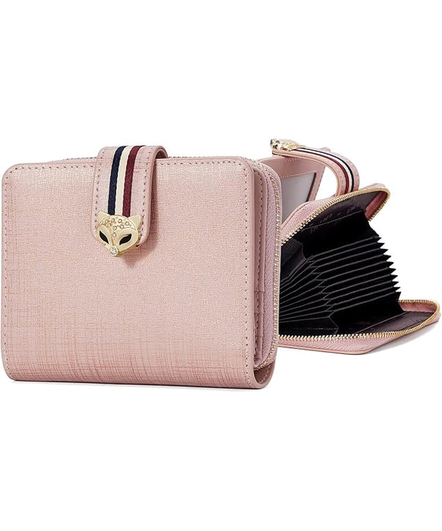 FOXLOVER Genuine Leather Zip Small Wallet Women RFID Blocking Credit Card Bifold Wallet Business Card Holder with ID Window(Pink)