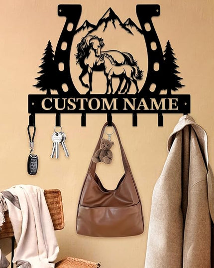 Personalized Custom Name Farm Horse Wall Key Hooks,Metal Horse Art Clothes Hooks,Metal Horse Wall Home Storage Decorative,For Front Door, Hallway, Kitchen, Bedroom,Keys,Hats (Style D)