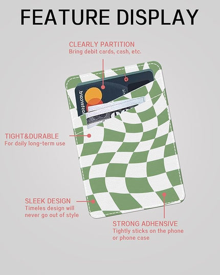 Phone Card Holder, Cute Leather Phone Wallet Stick On, Dual Pocket Credit Card Sticky Wallet Cute Groovy Checks