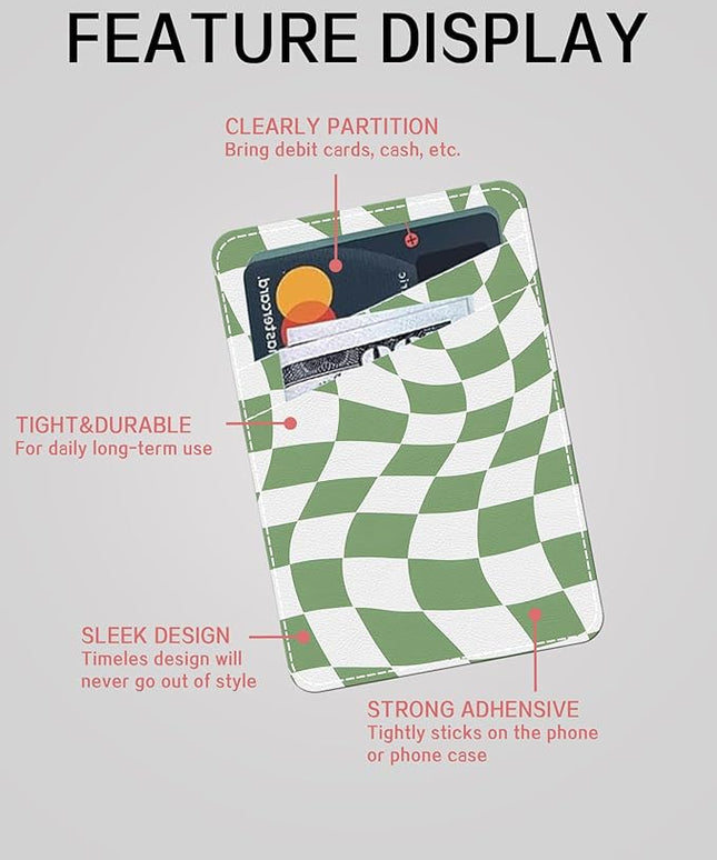 Phone Card Holder, Cute Leather Phone Wallet Stick On, Dual Pocket Credit Card Sticky Wallet Cute Groovy Checks