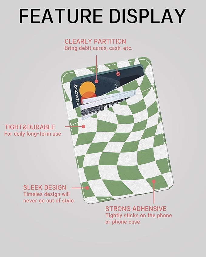 Phone Card Holder, Cute Leather Phone Wallet Stick On, Dual Pocket Credit Card Sticky Wallet Cute Groovy Checks