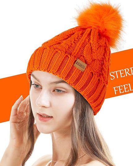REDESS Women Winter Pompom Beanie Hat with Warm Fleece Lined, Thick Slouchy Snow Knit Skull Ski Cap