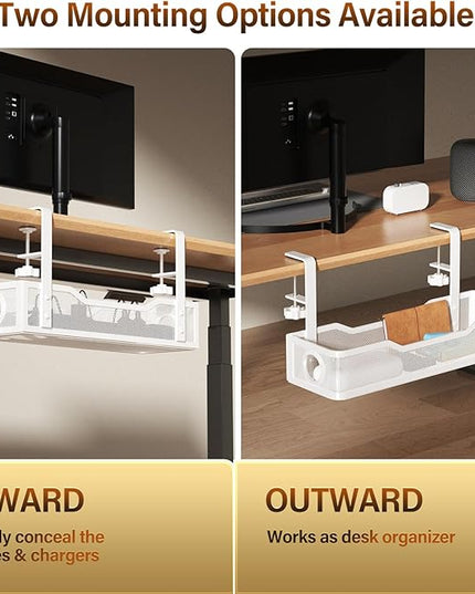 Under Desk Cable Management Large, Cinati 16" Cable Management Box for Table Thickness up to 3", Wire Cord Organizer with Clamp No Drill, No Damage to Desk (White)
