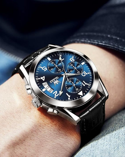 OLEVS Men's Chronograph Leather Watch, Big Face Easy to Read Analog Quartz Dress Watch, Casual Waterproof Luminous Hands Date Watches for Men, White/Blue/Black/Gold Dial