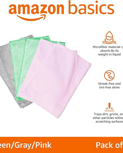 Amazon Basics Microfiber Cleaning Cloths, Ultra Absorbent, Scratch-Free, Non-Abrasive, Reusable and Washable, 16" x 12", Green/Gray/Pink, 48-Pack