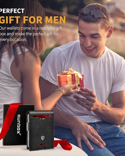 RUNBOX Mens Slim Wallet with Money Clip RFID Blocking Bifold Credit Card Holder for Men with Gift Box