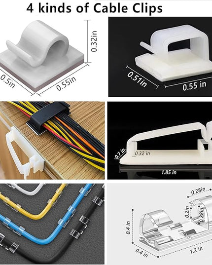 White Cable Management Organizer Kit 4 Cable Sleeve Split,47Cable Clips 12Cord Clips Holder,22 Cable Ties, 20 Adhesive Wall Cable Tie, 200Fasten Cable Ties for TV Electronics