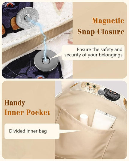 Aesthetic Cotton Tote Bag for Women - Reusable Shoulder Bag with Buckle Fabric Bag for Gym, Travel, Work