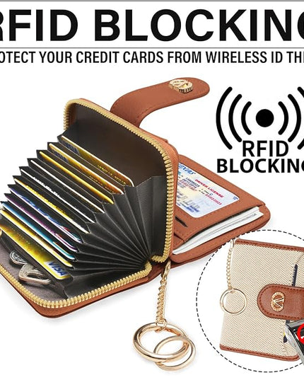 Multi-Purpose Wallet High Capacity Card Holder Zipper Coin Purse with Wristlet Bracelet Keychain Silicone Beaded Bangle Key Ring