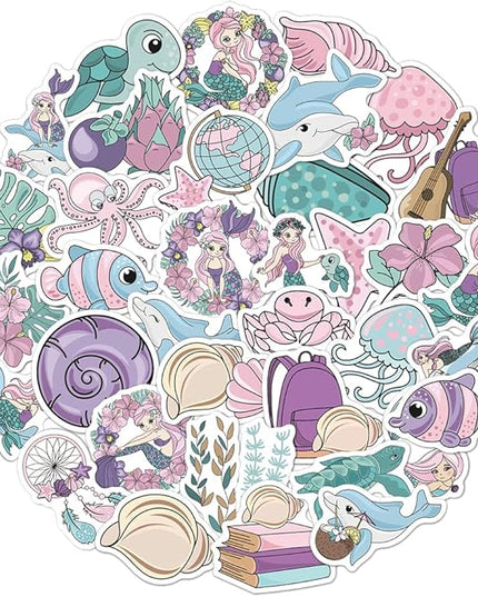 Pastel Mermaid Vinyl Stickers, 50 PCS Waterproof Illustrated Ocean Character Decals for Laptops, Scrapbooking, Journals, Notebooks, Water Bottles, Suitcases, Phones & DIY Decor