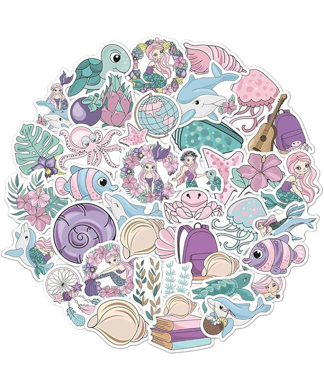 Pastel Mermaid Vinyl Stickers, 50 PCS Waterproof Illustrated Ocean Character Decals for Laptops, Scrapbooking, Journals, Notebooks, Water Bottles, Suitcases, Phones & DIY Decor