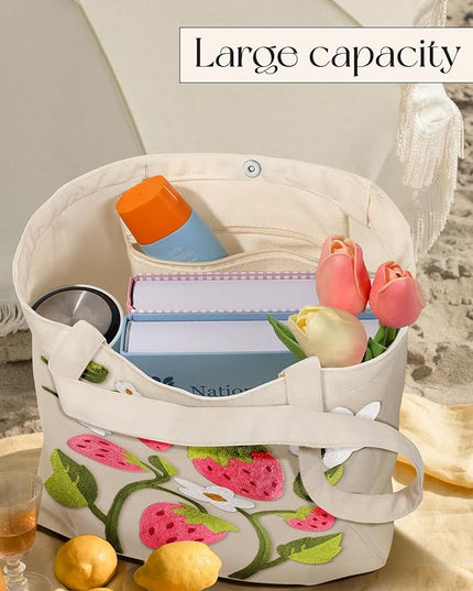 Embroidery Canvas Tote Bag for Women - Reusable Totes with Pocket & Buckle Aesthetic Cute Grocery Shoulder Bag