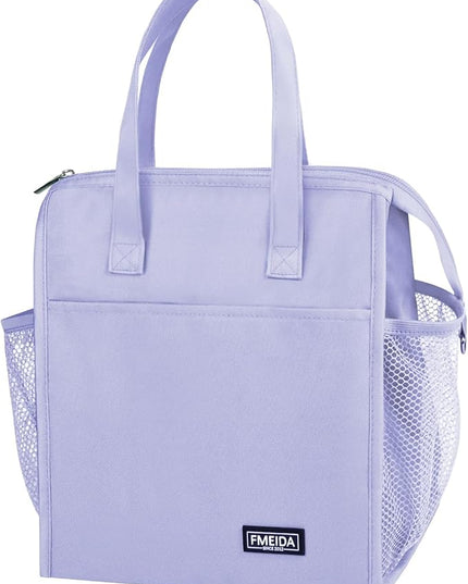 Fmeida Insulated Lunch Bag Women, Simple Lunch Tote Bags, Waterproof Thermal Cooler Lunch Bag, Reusable Adult Lunch Box Bag for Women | Large Purple, Front&Side Pockets