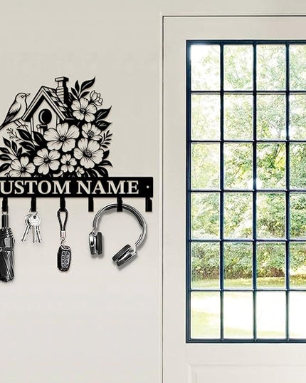 peanut case Customized Keys Holder - Personalized Birds Flower Key Hooks Wall Metal Sign Decor,Wall Holder, Garden,Door Hook (Style B)
