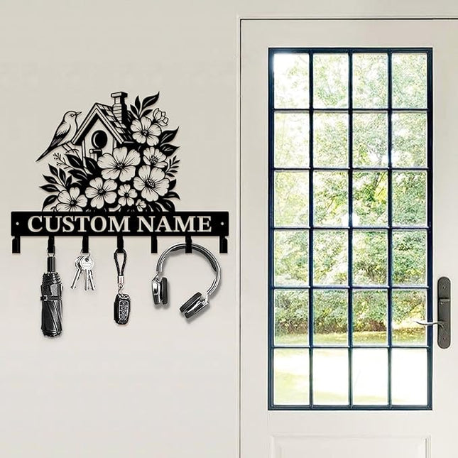 peanut case Customized Keys Holder - Personalized Birds Flower Key Hooks Wall Metal Sign Decor,Wall Holder, Garden,Door Hook (Style B)