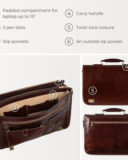 Time Resistance Leather Briefcase for Men - Italian Full Grain Leather Laptop Bag - Messenger Bag - Gift Box Included