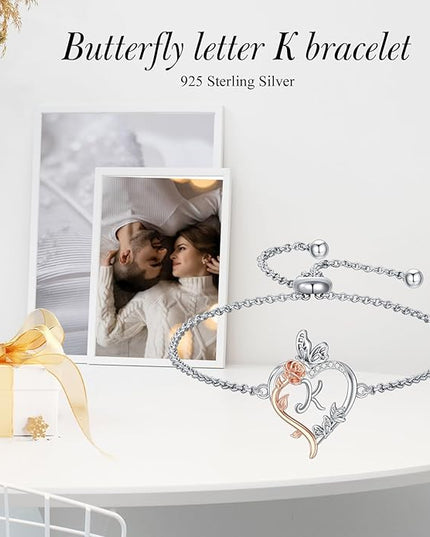 TOUPOP Gifts for Women Rose Heart Initial Bracelet 925 Sterling Silver Butterfly Letter Link Bracelet Love Jewelry Valentines Day Birthday Gifts for Her Wife Girlfriend Mom
