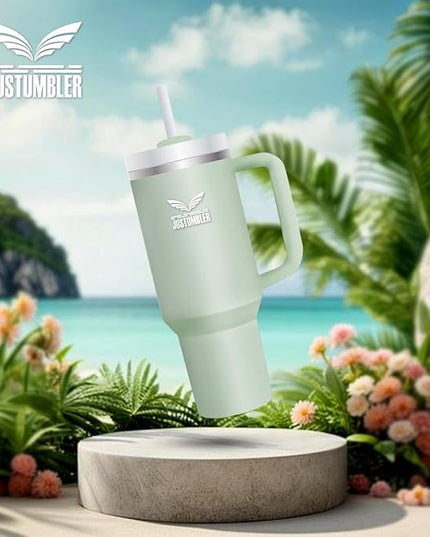 40 Oz Insulated Tumbler with Handle and Straw, Stainless Steel Coffee Travel Mug with Lid, Leak Proof Water Bottle with Accessories, Matcha Cream